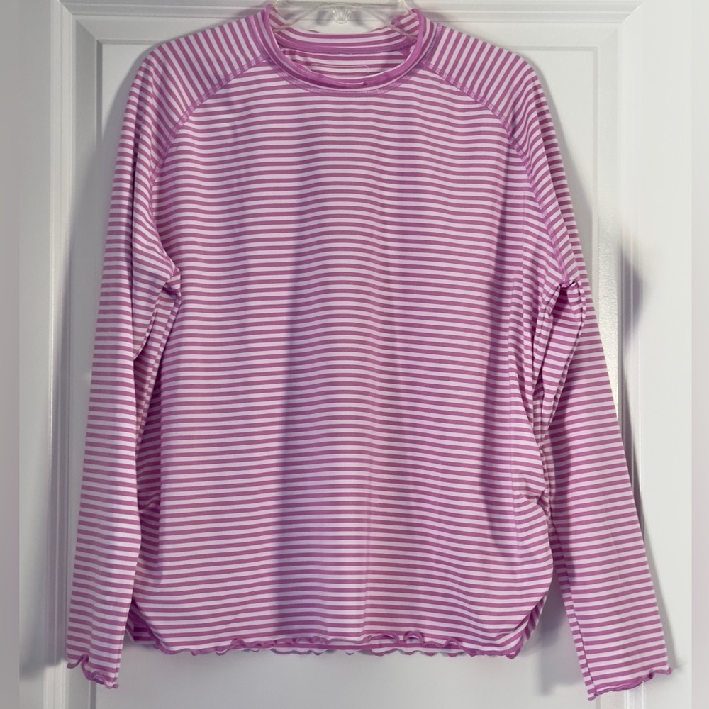 Coolibar Youth XL Sea Island Ruffle Rash Guard Pink Stripe UPF 50+